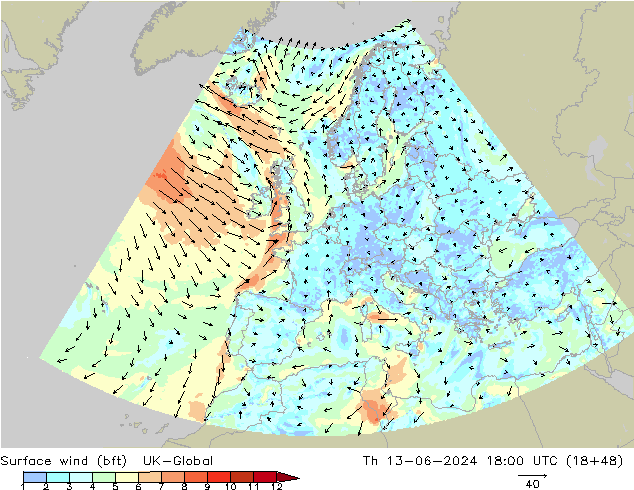 Rüzgar 10 m (bft) UK-Global Per 13.06.2024 18 UTC