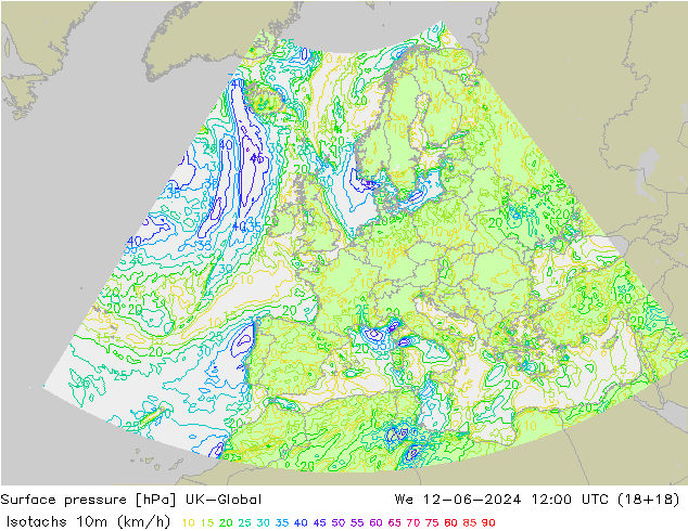 Izotacha (km/godz) UK-Global śro. 12.06.2024 12 UTC