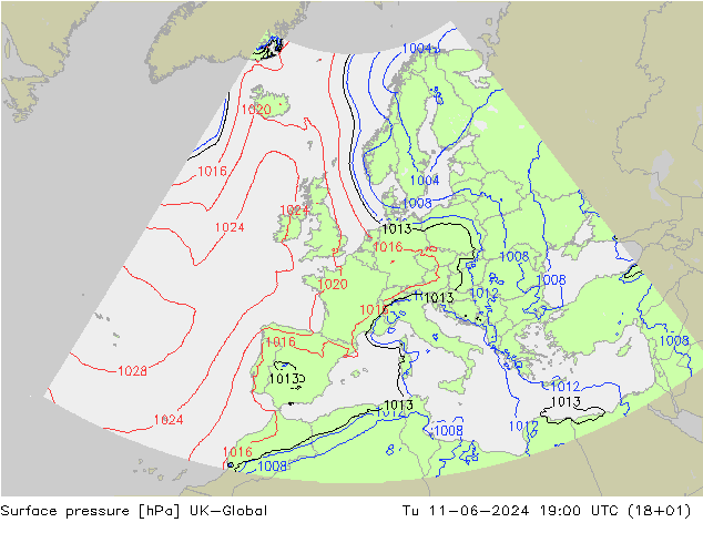 Surface pressure UK-Global Tu 11.06.2024 19 UTC