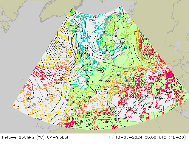 Theta-e 850hPa UK-Global Th 13.06.2024 00 UTC