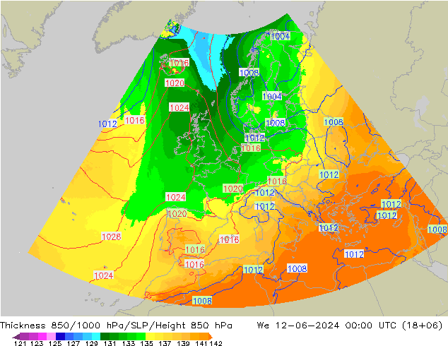 Schichtdicke 850-1000 hPa UK-Global Mi 12.06.2024 00 UTC