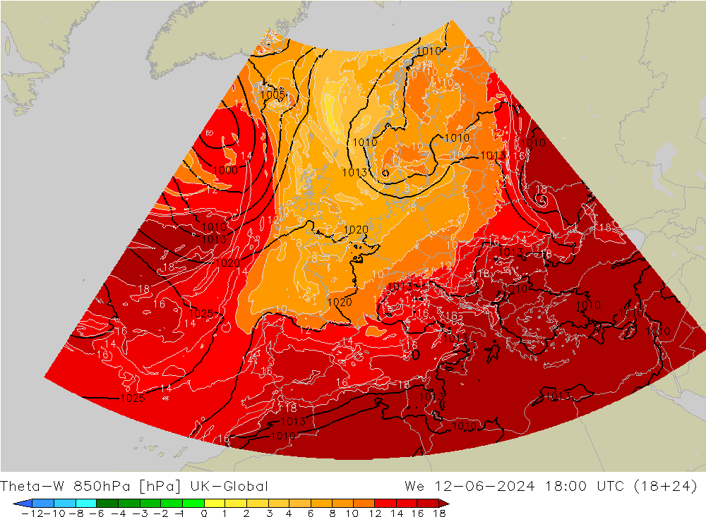 Theta-W 850hPa UK-Global śro. 12.06.2024 18 UTC