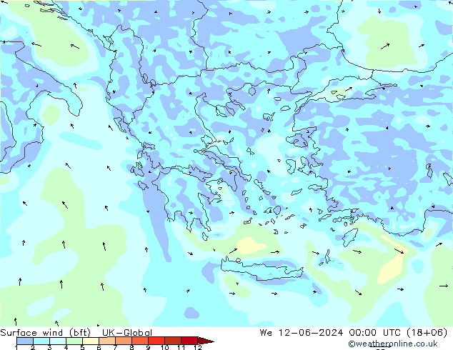 Vento 10 m (bft) UK-Global Qua 12.06.2024 00 UTC