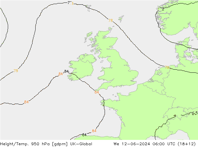 Height/Temp. 950 hPa UK-Global mer 12.06.2024 06 UTC
