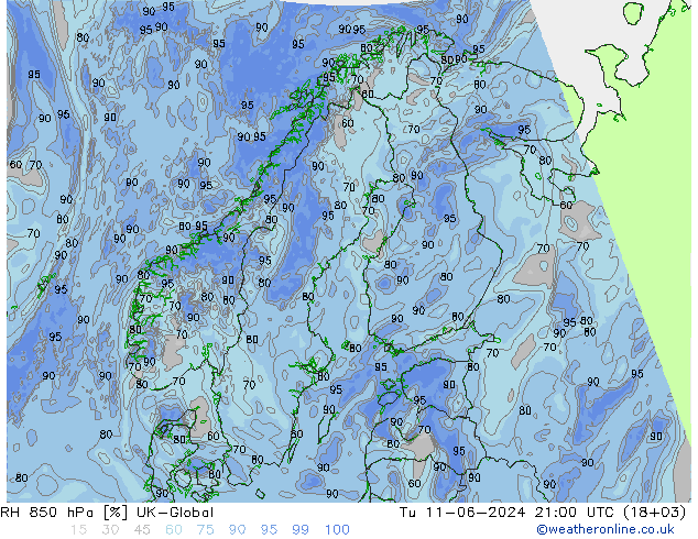 RH 850 hPa UK-Global 星期二 11.06.2024 21 UTC