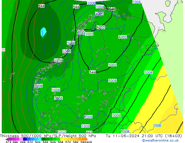 Thck 500-1000hPa UK-Global 星期二 11.06.2024 21 UTC