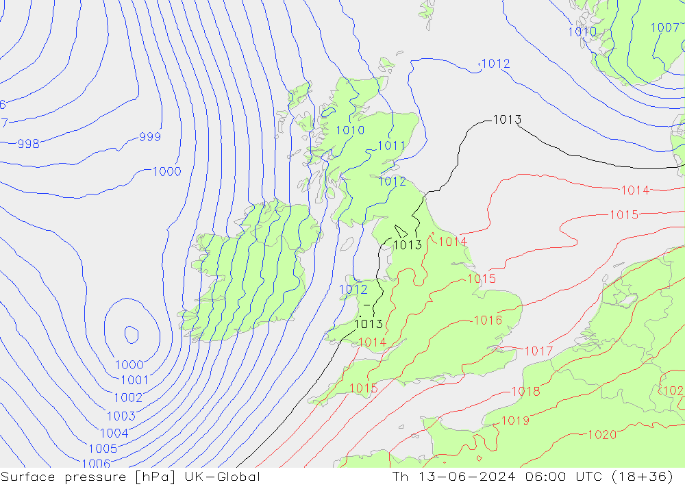 Presión superficial UK-Global jue 13.06.2024 06 UTC