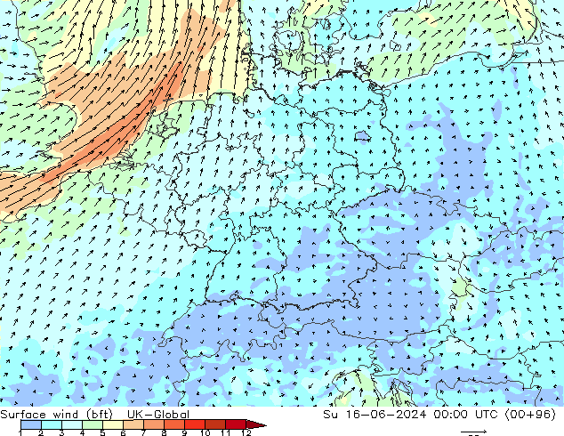 Wind 10 m (bft) UK-Global zo 16.06.2024 00 UTC