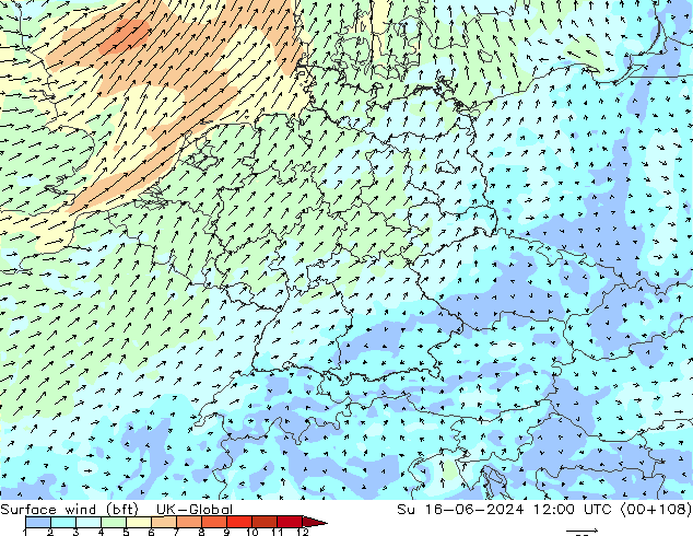 Viento 10 m (bft) UK-Global dom 16.06.2024 12 UTC