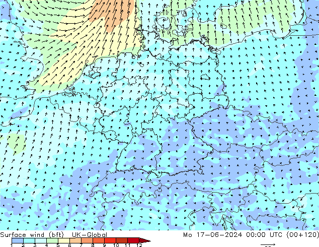 Rüzgar 10 m (bft) UK-Global Pzt 17.06.2024 00 UTC