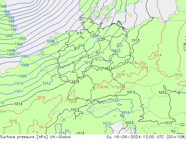 Pressione al suolo UK-Global dom 16.06.2024 12 UTC