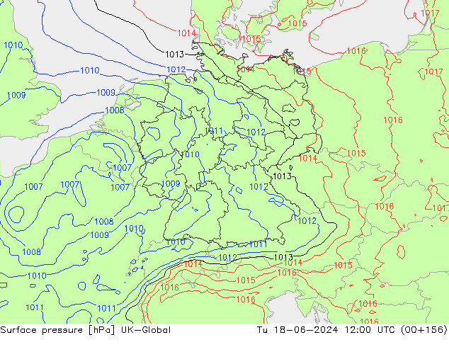 Surface pressure UK-Global Tu 18.06.2024 12 UTC