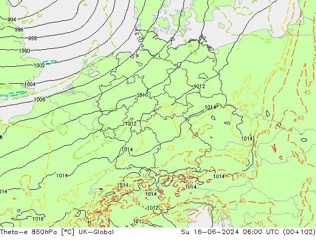 Theta-e 850hPa UK-Global dom 16.06.2024 06 UTC