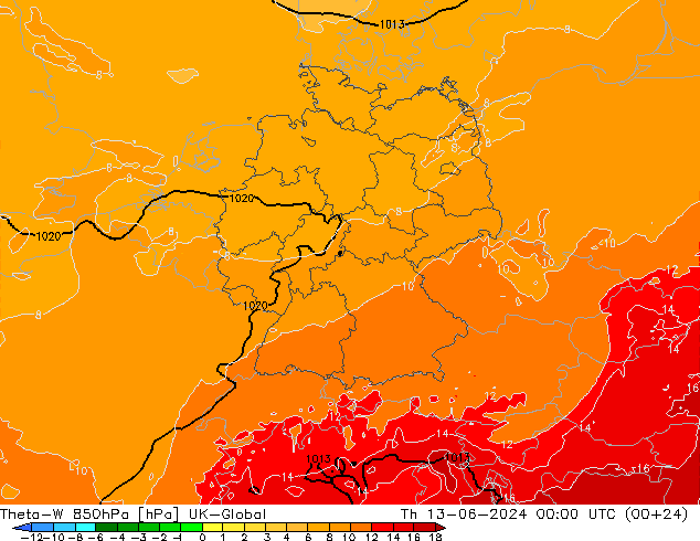 Theta-W 850hPa UK-Global Th 13.06.2024 00 UTC