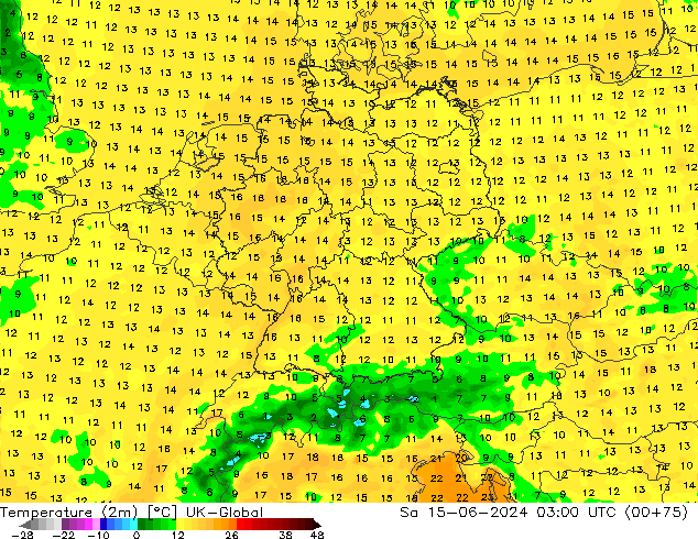mapa temperatury (2m) UK-Global so. 15.06.2024 03 UTC