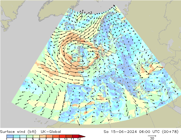 Surface wind (bft) UK-Global Sa 15.06.2024 06 UTC
