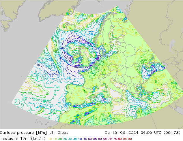 Isotachs (kph) UK-Global Sa 15.06.2024 06 UTC