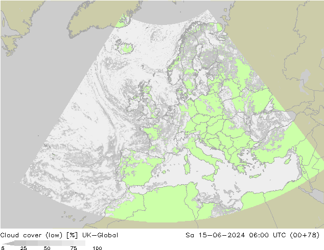Bewolking (Laag) UK-Global za 15.06.2024 06 UTC
