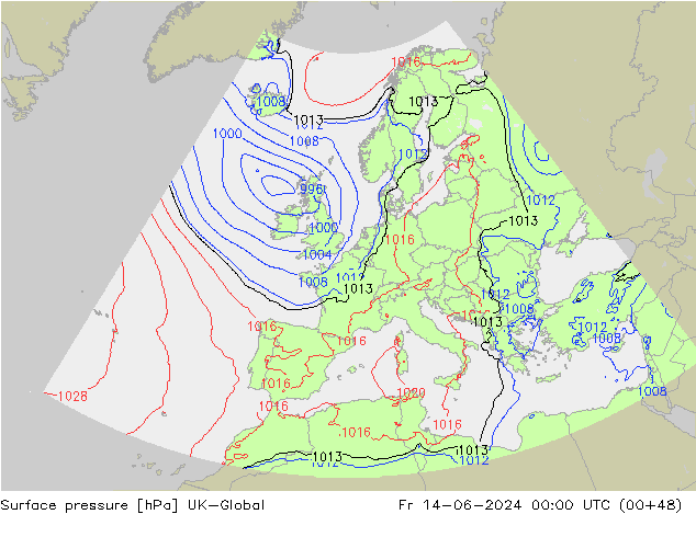 Pressione al suolo UK-Global ven 14.06.2024 00 UTC