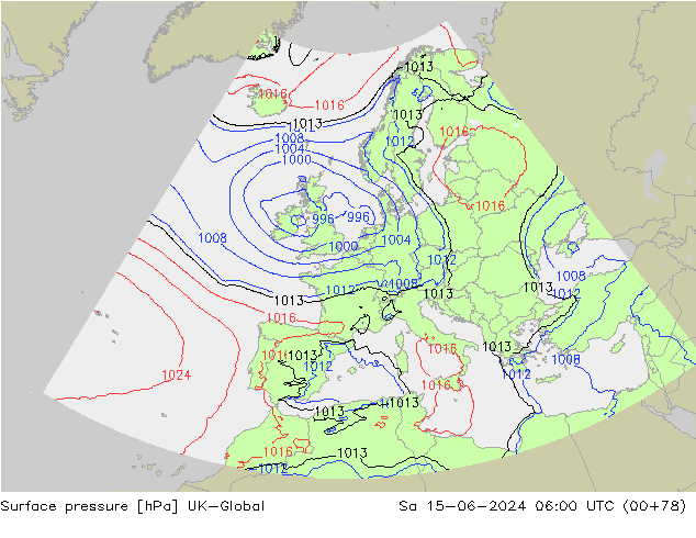 Surface pressure UK-Global Sa 15.06.2024 06 UTC