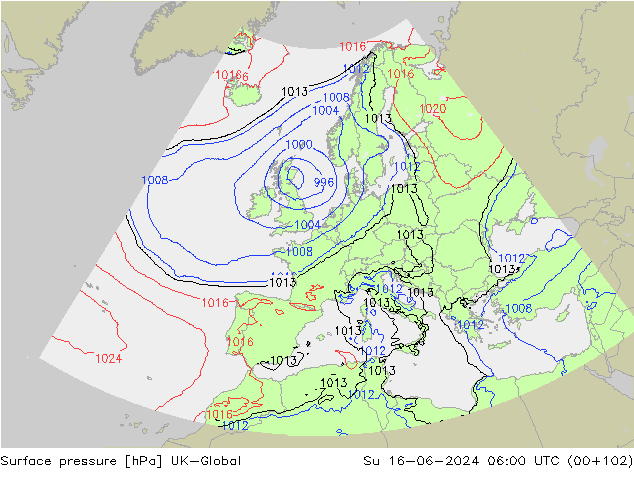 Atmosférický tlak UK-Global Ne 16.06.2024 06 UTC