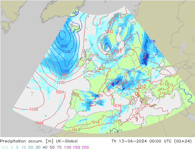 Precipitation accum. UK-Global gio 13.06.2024 00 UTC