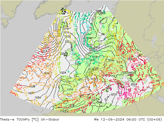 Theta-e 700hPa UK-Global Mi 12.06.2024 06 UTC