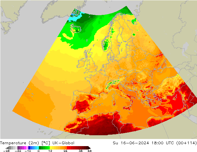 Temperature (2m) UK-Global Su 16.06.2024 18 UTC