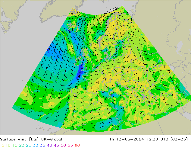Wind 10 m UK-Global do 13.06.2024 12 UTC