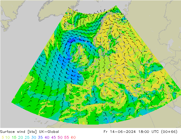 Surface wind UK-Global Fr 14.06.2024 18 UTC