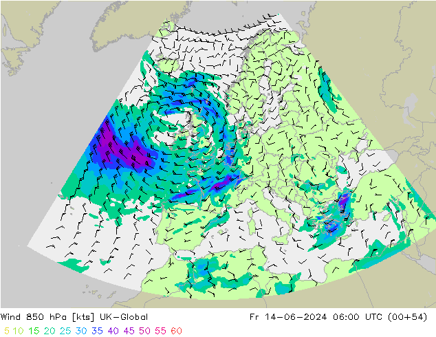 wiatr 850 hPa UK-Global pt. 14.06.2024 06 UTC