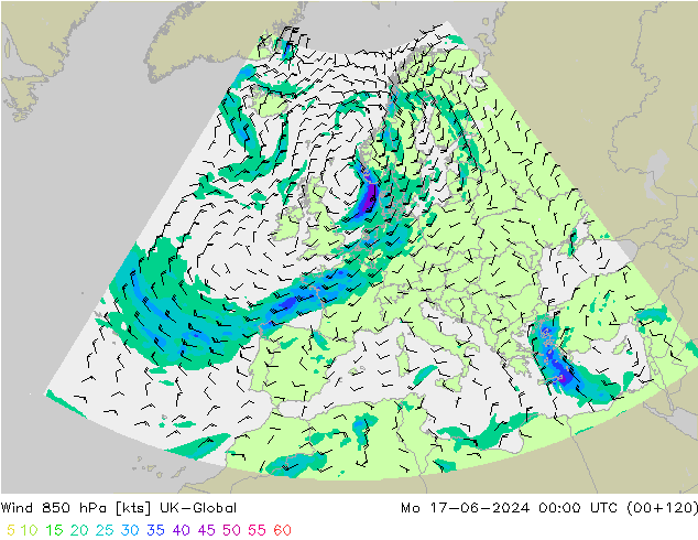 Wind 850 hPa UK-Global Mo 17.06.2024 00 UTC