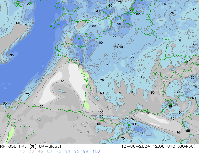 RH 850 hPa UK-Global gio 13.06.2024 12 UTC