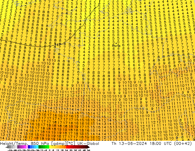 Height/Temp. 850 hPa UK-Global Th 13.06.2024 18 UTC