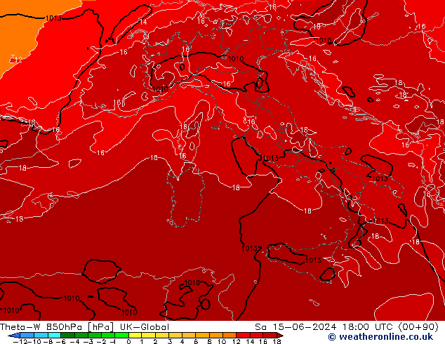 Theta-W 850hPa UK-Global Cts 15.06.2024 18 UTC