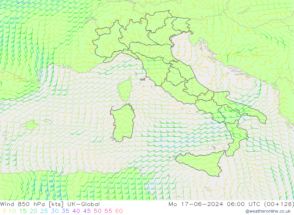 Wind 850 hPa UK-Global Po 17.06.2024 06 UTC