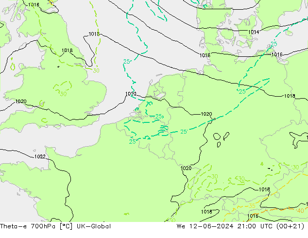 Theta-e 700hPa UK-Global wo 12.06.2024 21 UTC