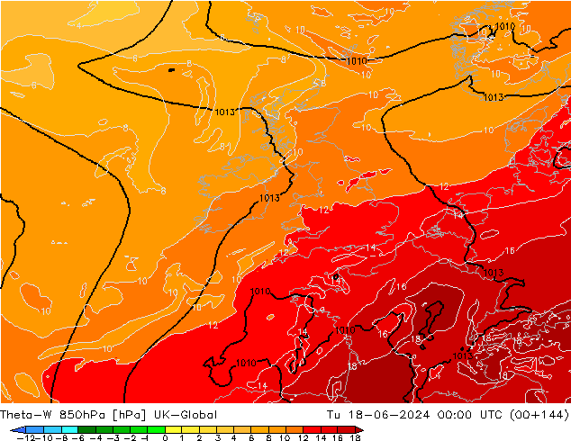 Theta-W 850гПа UK-Global вт 18.06.2024 00 UTC