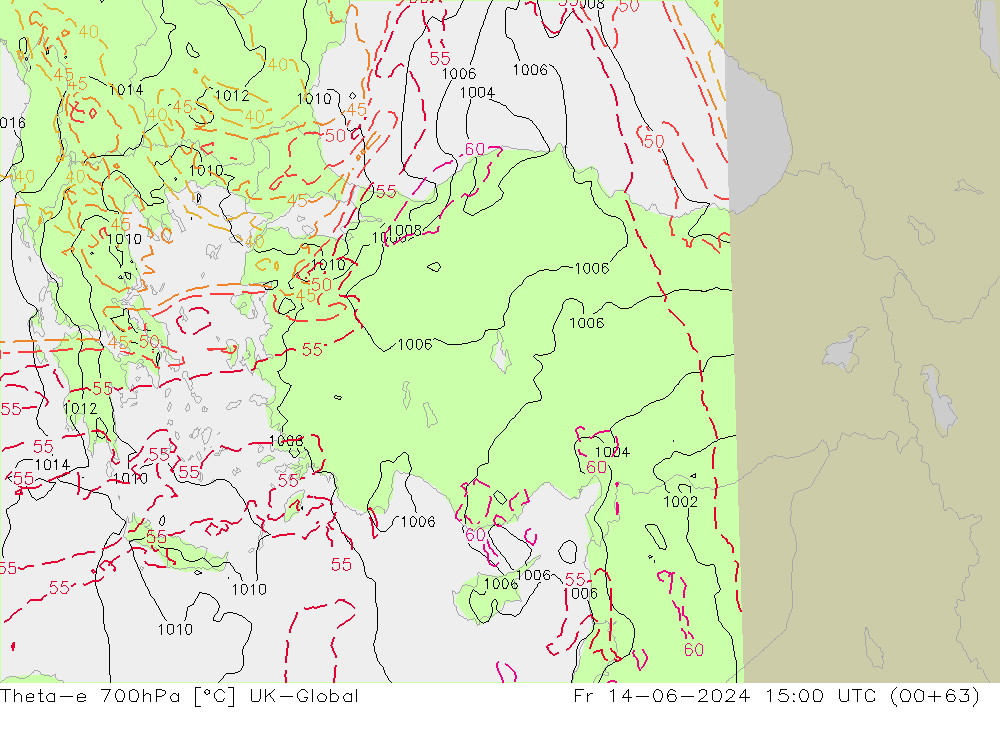 Theta-e 700hPa UK-Global ven 14.06.2024 15 UTC