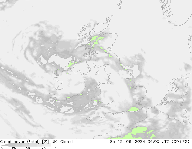 Bewolking (Totaal) UK-Global za 15.06.2024 06 UTC