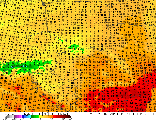 temperatura máx. (2m) UK-Global Qua 12.06.2024 12 UTC