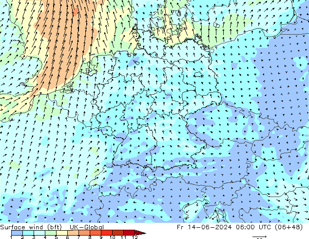 Surface wind (bft) UK-Global Fr 14.06.2024 06 UTC