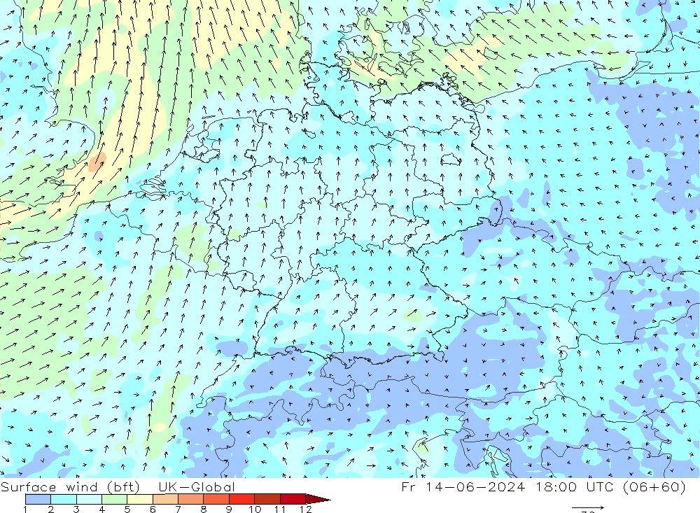 Wind 10 m (bft) UK-Global vr 14.06.2024 18 UTC