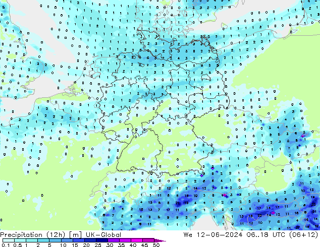 Precipitation (12h) UK-Global We 12.06.2024 18 UTC