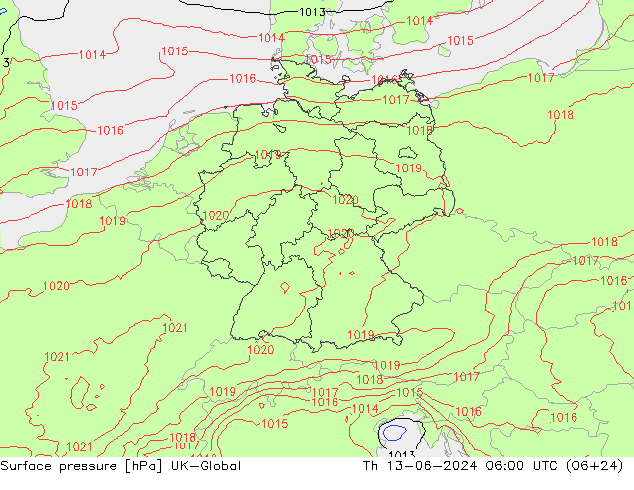 Pressione al suolo UK-Global gio 13.06.2024 06 UTC