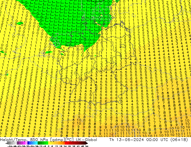 Height/Temp. 850 hPa UK-Global Čt 13.06.2024 00 UTC