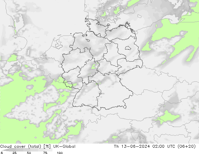 Cloud cover (total) UK-Global Th 13.06.2024 02 UTC