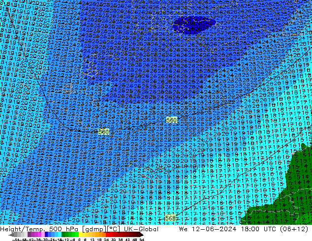 Height/Temp. 500 hPa UK-Global We 12.06.2024 18 UTC