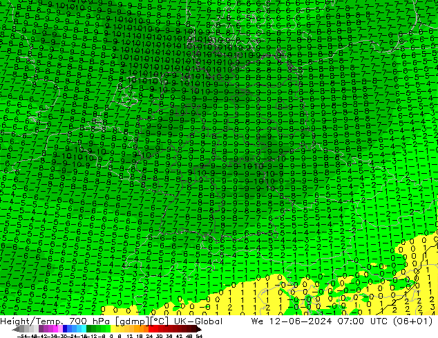 Height/Temp. 700 hPa UK-Global Mi 12.06.2024 07 UTC