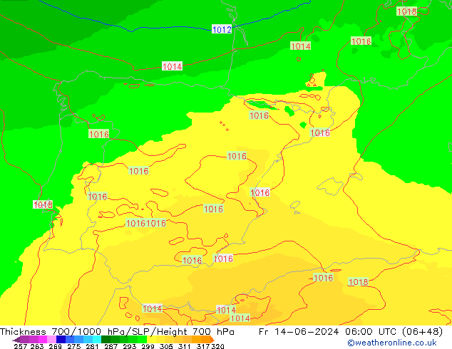 Thck 700-1000 hPa UK-Global ven 14.06.2024 06 UTC